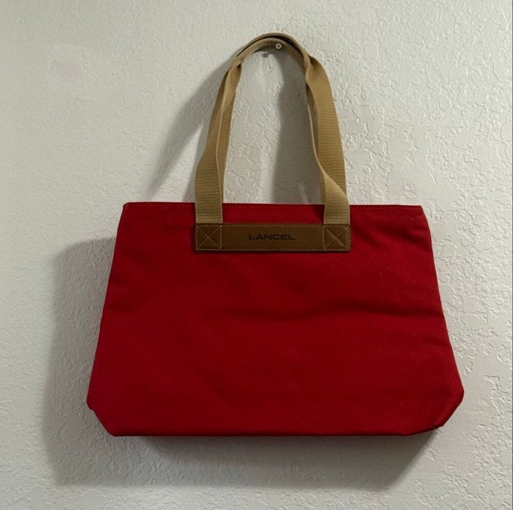 LANCEL FRANCE Red Beige Canvas & Leather Duffle Weekend Bag Tote 19x12